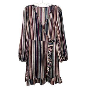 Xhilaration Womens Surplice Faux Wrap Dress Long Sleeve Ruffle Hem Striped Small